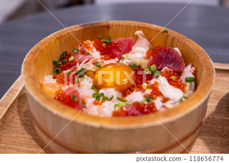 Tokyo, Japan - April 14, 2024: Tsukiji Uoichi Nippon Kaisen (Japanese-style raw fish bowl "Seafood rice bowl") 118656774