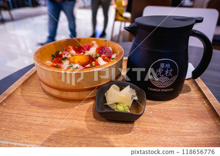 Tokyo, Japan - April 14, 2024: Tsukiji Uoichi Japan Kojo Seafood (Japanese-style raw fish bowl "Seafood rice bowl") Tokyo, Japan - April 14, 2024: Tsukiji Uoichi Japan Kojo Seafood (Japanese-style raw fish bowl "Seafood rice bowl") 118656776