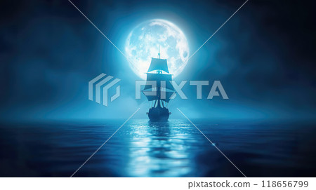 Ghost Ship Sailing Through Moonlit Night Ghost Ship Sailing Through Moonlit Night 118656799