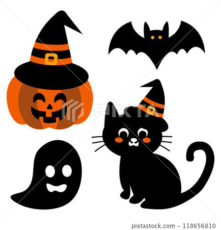 Halloween Cartoon Celebration Collection featuring Black Bat, Black Cat, Ghost, Witchy Hat, and Spooky Pumpkin Symbols for October 31, Trick or Treat Parties, Autumn Decorations. Vector illustration Halloween Cartoon Celebration Collection featuring Black Bat, Black Cat, Ghost, Witchy Hat, and Spooky Pumpkin Symbols for October 31, Trick or Treat Parties, Autumn Decorations. Vector illustration 118656810