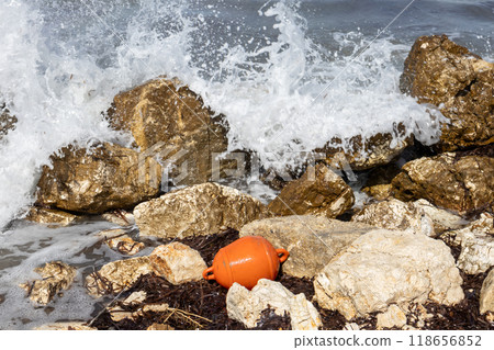 Textured coastal rocks, Astrakeri, Corfu, Greece 118656852