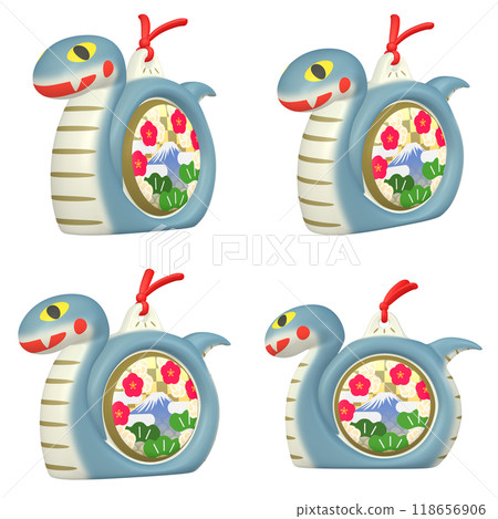 New Year's card illustration material: Zodiac Year of the Snake Snake figurine (1) Blue cut four-piece set 118656906
