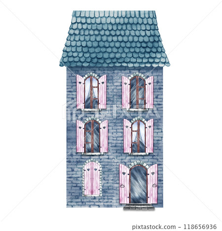 An old brick house with arched windows, a fabulous, cute, blue three-storey house in vintage style. The watercolor illustration is made by hand. For printing, children's games, postcards, scrapbooking 118656936