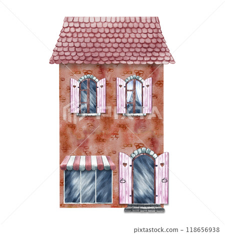 A vintage old house with arched windows and a storefront. The watercolor illustration is made by hand. Highlight it. For printing, children's games, postcards, packaging, scrapbooking and stickers. A vintage old house with arched windows and a storefront. The watercolor illustration is made by hand. Highlight it. For printing, children's games, postcards, packaging, scrapbooking and stickers. 118656938