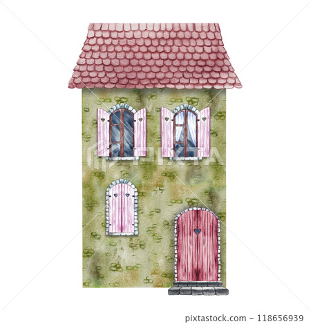 An old house, a fabulous, cute, green two-storey house with a tiled roof, in a vintage style. The watercolor illustration is made by hand. Isolate it. For printing, children's games, scrapbooking. 118656939