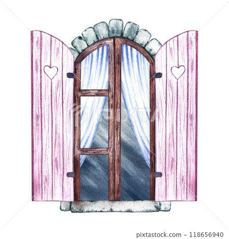 Window. Vintage arched window in retro style with pink shutters and blue curtains. Hand-made watercolor illustration. Highlight it. A design element for home, children's games, postcards and decor. 118656940