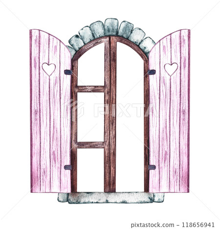 Retro window. An antique arched window without glass with pink shutters. A hand-drawn watercolor illustration. Highlight it. A design element for home, children's games, postcards and decor. 118656941