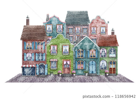 A street with vintage houses and storefronts. An urban landscape with cute brick colorful houses in retro style. The watercolor illustration is made by hand. For children's games, stickers, packaging. 118656942