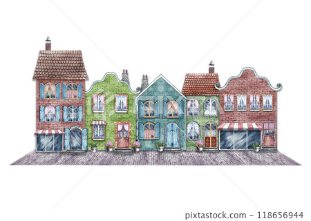 A street with vintage houses and storefronts. Cute brick houses in retro style. The watercolor illustration is made by hand. Highlight it. For print, children's games, stickers, scrapbooking and decor 118656944