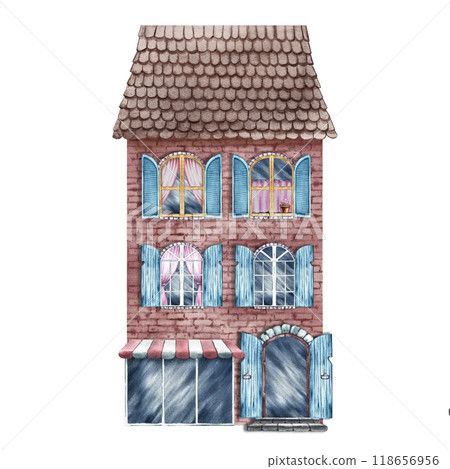 An old house with a storefront. Tiled roof. The watercolor illustration is made by hand. Highlight it. For printing, children's games, postcards, packaging, scrapbooking and stickers. 118656956