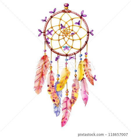 Dreamcatcher with Feathers in Pink, Yellow, and Lavender Tones Adorned with Tiny Purple Moths 118657007