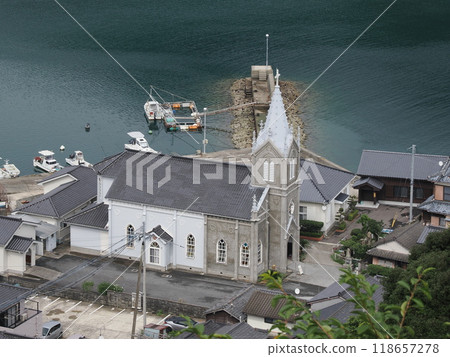 Sakitsu Church as seen from Chapel Hill Observation Park, Sakitsu, Kawaura-cho, Amakusa City, Kumamoto Prefecture 118657278