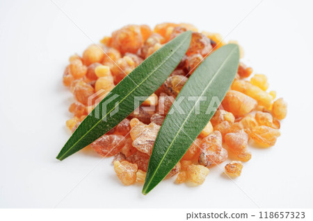 Frankincense or olibanum aromatic resin isolated on white background used in incense and perfumes. 118657323