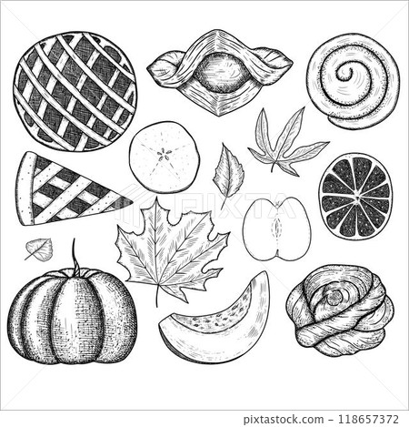 Set with autumn food, pastries, fruits, pumpkin, leaves. Vector illustration Set with autumn food, pastries, fruits, pumpkin, leaves. Vector illustration 118657372