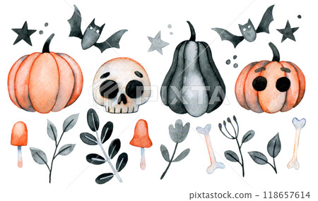 cute watercolor set for halloween. funny characters for kids cute watercolor set for halloween. funny characters for kids 118657614