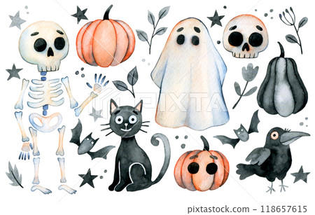 cute watercolor set for halloween. funny characters for kids cute watercolor set for halloween. funny characters for kids 118657615