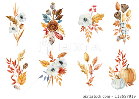 Set Fall composition with pumpkins, flowers and dry leaves isolated. Elegant autumn flora watercolor painting for design 118657919