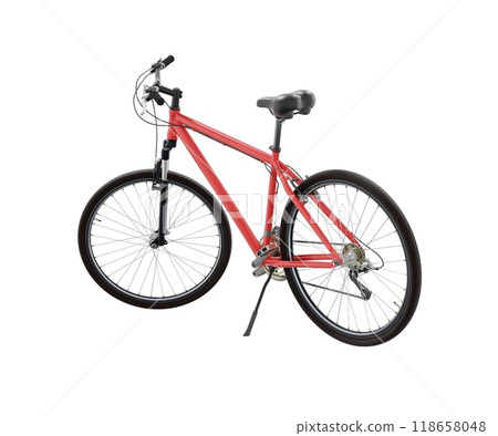 Red bicycle standing on kickstand, side back view isolated on white background, 3D illustration Red bicycle standing on kickstand, side back view isolated on white background, 3D illustration 118658048