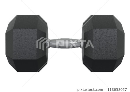 Blank Hex Dumbbell, weightlifting gym equipment side view 118658057