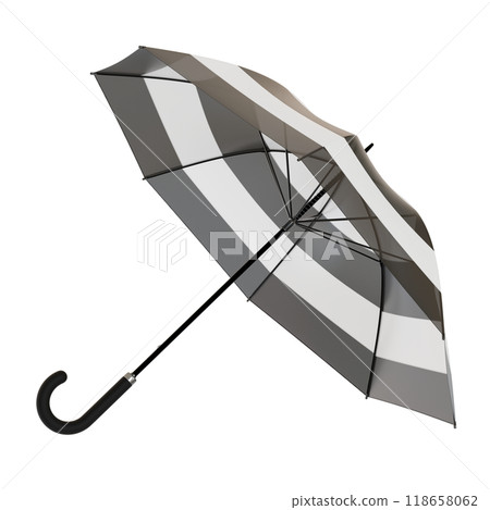 Open black and white umbrella with striped pattern, isolated on white background 118658062