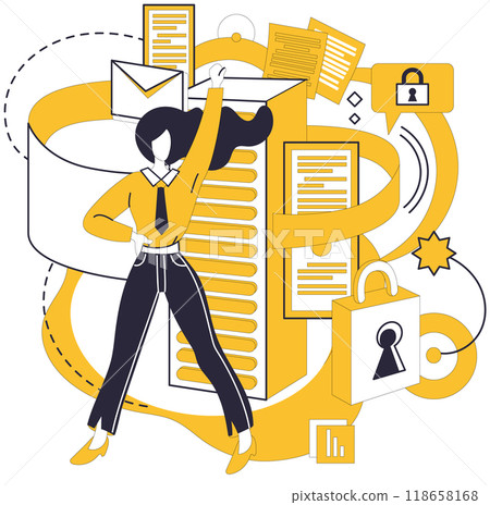 Big data vector illustration. Accounting, meticulous scribe, transcribes financial epics in scrolls big data Storage, silent fortress, protects treasures knowledge in realm big data 118658168