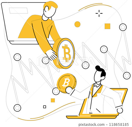 Bitcoin trading vector illustration. Bitcoin trading concept, compass, guides financial decisions in ever-shifting terrain cryptocurrency markets Stock market and exchange, arena, witnesses rise 118658185