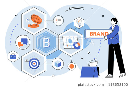 Brand building vector illustration. Promotion, spotlight, illuminates ongoing construction brand, garnering attention Branding, artisans touch, adds nuance and detail to evolving structure brand 118658190