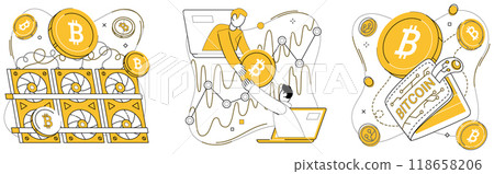 Bitcoin mining vector illustration. Cryptocurrency mining, exploration, charts new territories in economic frontier digital currencies Digital money, currency, takes form Bitcoin, challenging 118658206