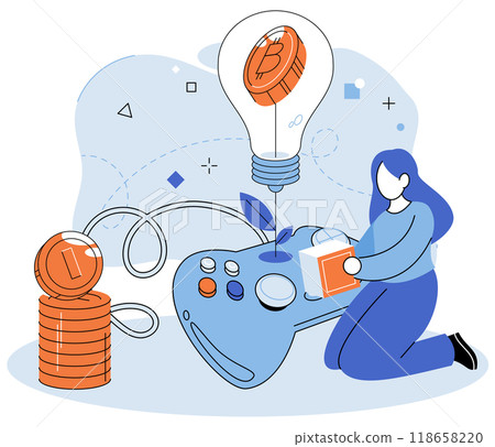 Gamefi vector illustration. Blockchain technology ensures transparency and security in GameFi transactions GameFi introduces new era gaming where players can earn money while playing The digital Gamefi vector illustration. Blockchain technology ensures transparency and security in GameFi transactions GameFi introduces new era gaming where players can earn money while playing The digital 118658220