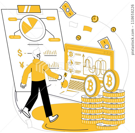 Bitcoin trading vector illustration. Finance and economy, intertwined destinies, dance in harmony as Bitcoin reshapes financial landscape Bitcoin trading concept, compass, guides financial decisions 118658226