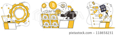 Bitcoin mining vector illustration. Financial, heartbeat, pulses through veins Bitcoin, driving economic engine forward Bitcoin mining metaphor, excavation, delves into virtual earth to extract 118658231