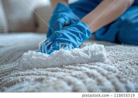 A trained professional is gently cleaning a sofa with a cloth while wearing protective gloves for effective stain removal 118658319