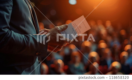 The presenter holds a certificate while acknowledging an individual receiving an award in a well attended auditorium 118658320