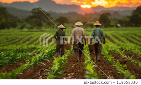Three farmers walk through rows of crops carrying baskets as the sun sets behind the hills, highlighting their hard work 118658330