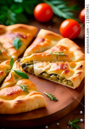 Turkish burek flatbread with mushroom filling, like pizza cut into slices 118658641