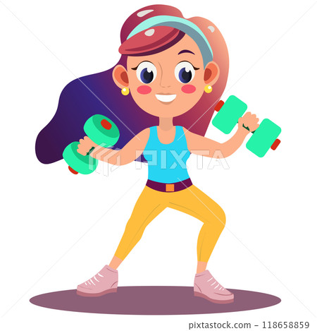 a girl with long hair in yellow leggings and a sporty uniform is doing exercises with dumbbells. Vector illustration 118658859