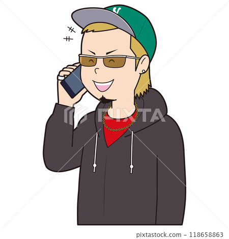A semi-gangster man happy on the phone A semi-gangster man happy on the phone 118658863
