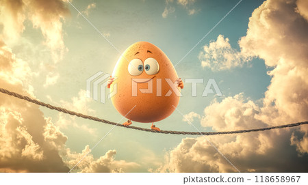 Funny egg character balancing on a rope in the sky 118658967