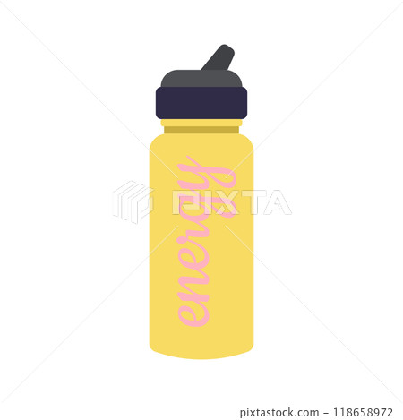 Yellow bicycle water bottle in flat design. Cycling container for energy drink. Vector illustration isolated. 118658972
