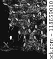 A crowd of people wearing scary masks look at the artist, Dark horror illustration, spooky creatures, black and white illustration	 118659010