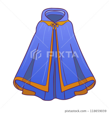 Blue magic cloak with hood in flat design. Masquerade mantle for costume. Vector illustration isolated. 118659039