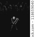 One warrior surrounded by enemies, Dark epic illustration, skeleton in the darkness 118659040
