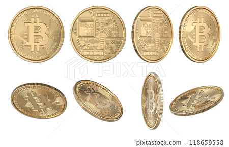 Various angles of shiny gold bitcoin cryptocurrency coins 118659558