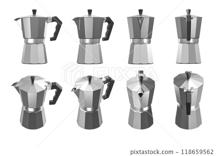 Collection of eight silver moka pots in various angles 118659562