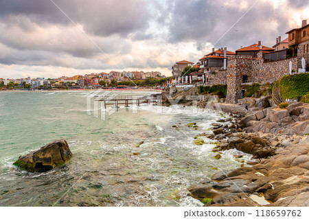 sozopol, bulgaria - 05 sep 2019: embankment of the ancient resort town by the sea at sunset. cloudy sky 118659762