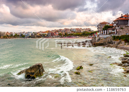 sozopol, bulgaria - 05 sep 2019: embankment of the ancient resort town by the sea at sunset. cloudy sky 118659763