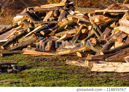 chopped firewood. sustainable energy concept. wood texture. outdoor scene of everyday rural life. ecological fuel background 118659767
