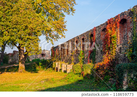 uzhhorod, ukraine - 12 oct 2008: stone castle wall in evening light. urban scenery in autumn. ivy plant and colorful foliage. inner courtyard. popular travel destination uzhhorod, ukraine - 12 oct 2008: stone castle wall in evening light. urban scenery in autumn. ivy plant and colorful foliage. inner courtyard. popular travel destination 118659773