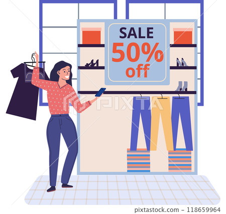 Discount, special offers promotion shopping advertisement. Woman with smartphone chooses garment in online boutique. Gitl with phone looks at clothes in store. Customer buying with digital gadget 118659964