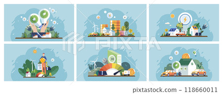 Green technology concept. Scenes with wind turbines, solar panels, electric vehicles, and eco-friendly buildings. Ideal for renewable energy, sustainable living, smart cities, environmental 118660011
